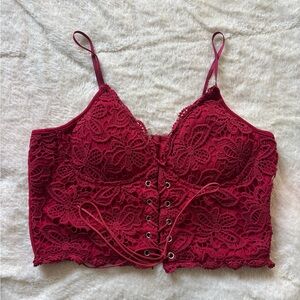 Lace-Up Burgundy Lace Crop Top